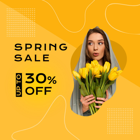 Spring Sale Offer with Girl with Yellow Tulips Instagram tervezősablon
