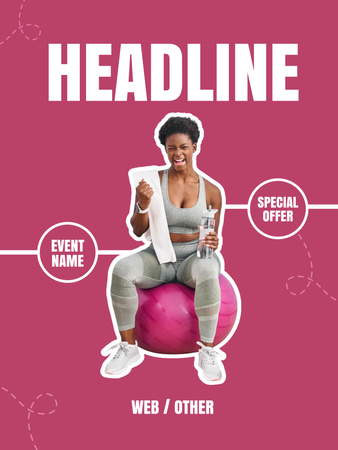 Специальное предложение в тренажерном зале с женщиной на фитнес-мяче Poster US – шаблон для дизайна