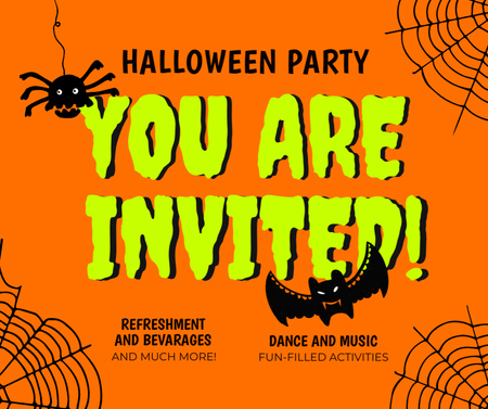 Halloween Party Invitation with Scary Bat and Spider Facebook Modelo de Design