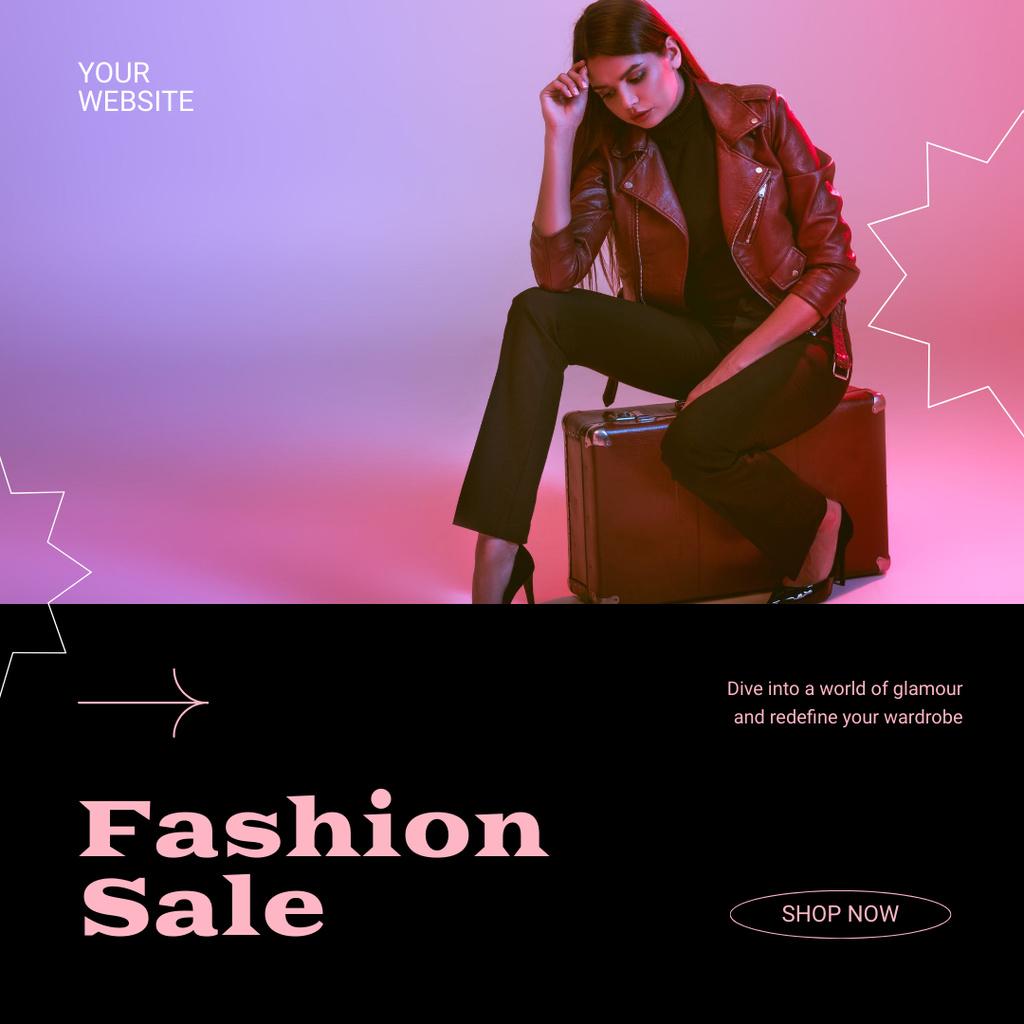 Szablon projektu Fashion Clothes Sale with Woman with Suitcase Instagram