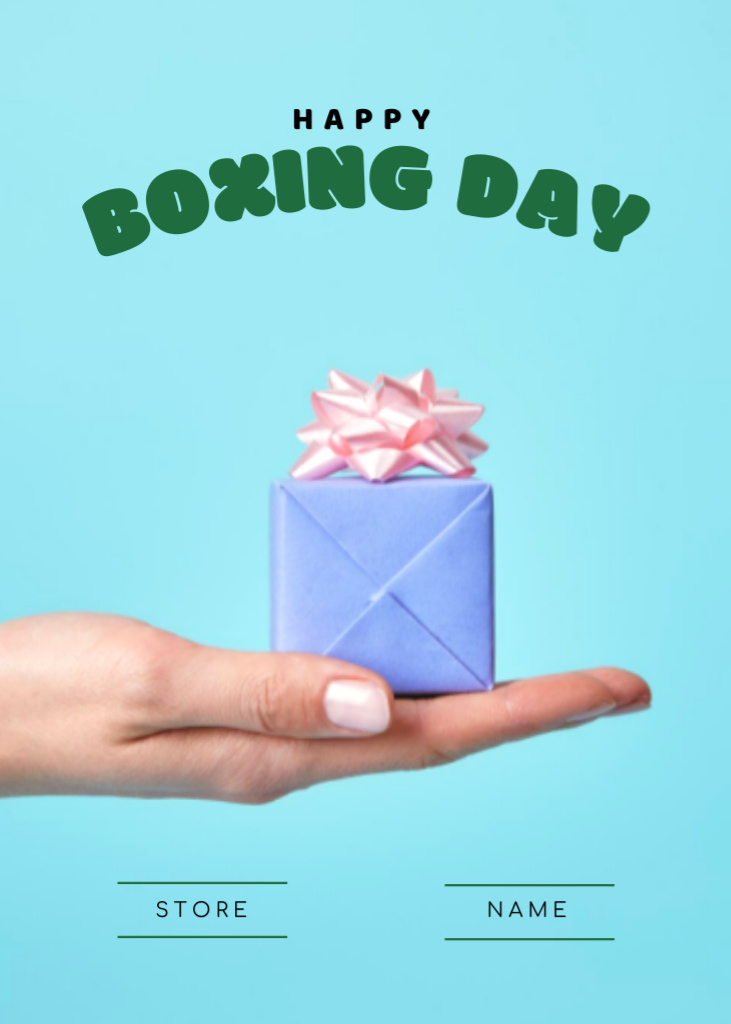 Platilla de diseño Boxing Day Holiday Greeting with Cute Blue Gift Postcard 5x7in Vertical