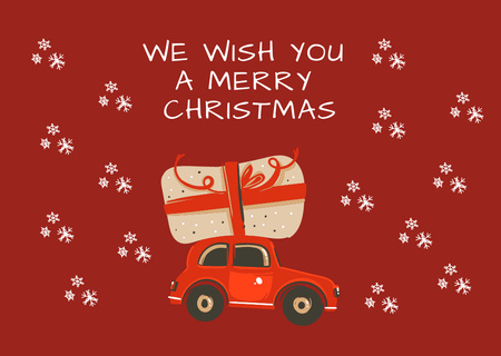 Christmas Greetings with Cartoon Car in Red Postcard Design Template