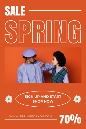 Anúncio de liquidação de primavera com casal estiloso afro-americano Pinterest Modelo de Design