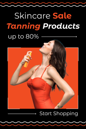 Offer Discounts on Tanning Products with Young Woman in Red Pinterest Design Template