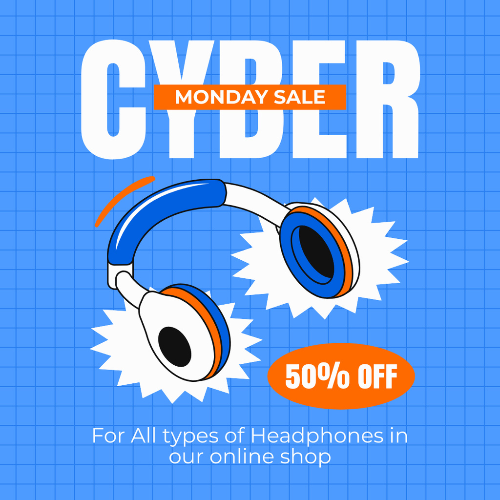 Cyber Monday Sale of Headphones Ad on Blue Instagram AD Design Template
