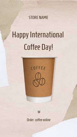 Kansainvälisen kahvipäivän tervehdys paperikupilla Instagram Story Design Template
