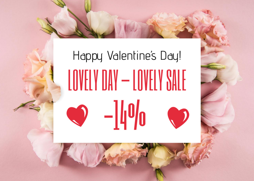Valentine's Day Lovely Sale Announcement with Pink Flowers Postcard 5x7in – шаблон для дизайну
