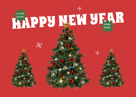 Happy New Year Greeting with Decorated Tree in Red Postcard 5x7in Design Template