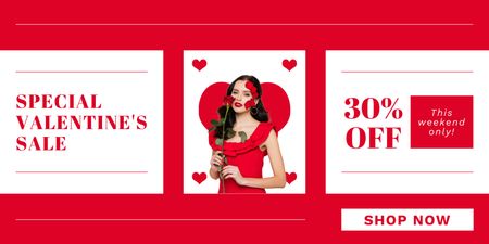 Valentine's Day Discount with Beautiful Woman in Red Dress Twitter Design Template