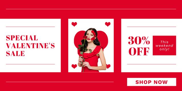 Valentine's Day Discount with Beautiful Woman in Red Dress Twitter Šablona návrhu