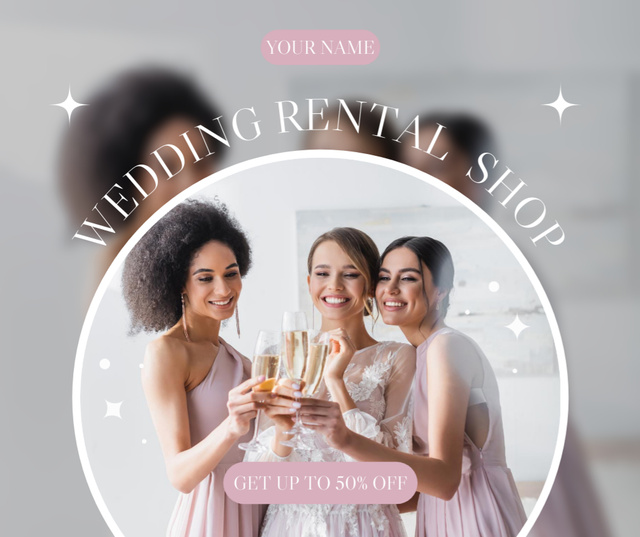 Ontwerpsjabloon van Facebook van Wedding Rental Shop Offer with Young Happy Bride and Bridesmaids