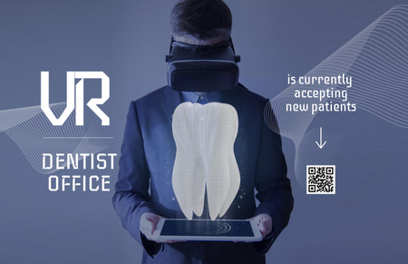 Man Wearing Virtual Reality Glasses Looking at Tooth Business Card 85x55mm Design Template