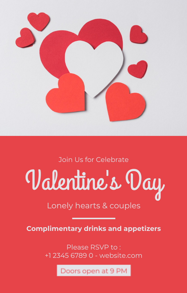Valentine's Day Party Announcement with Red and White Hearts Invitation 4.6x7.2in – шаблон для дизайна