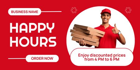 Platilla de diseño Happy Hours Promo with Courier holding Pizza Twitter