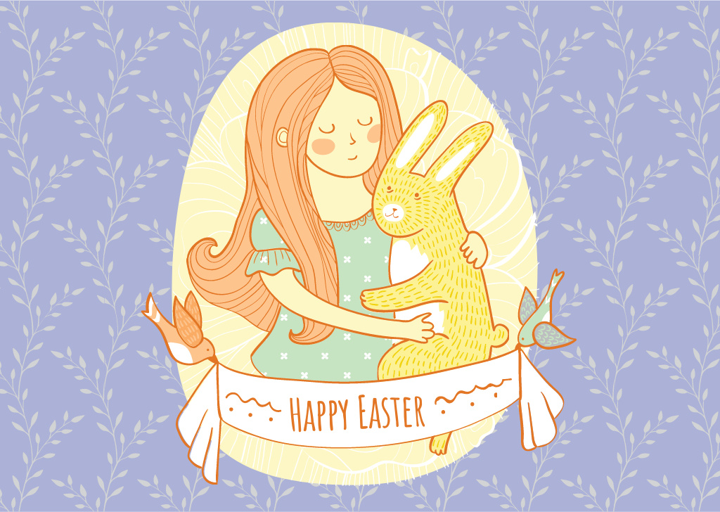 Happy Easter Greeting with Girl Hugging Bunny Postcard Tasarım Şablonu