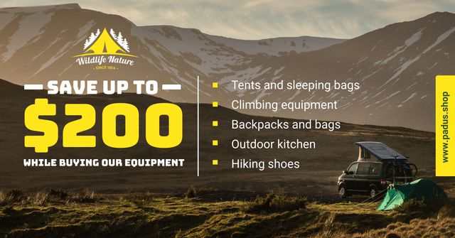 Ontwerpsjabloon van Facebook AD van Camping Equipment Offer Travel Trailer in Mountains