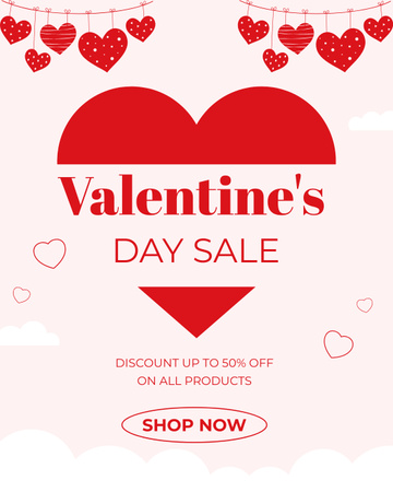 Valentine's Day Sale Offer On All Products With Hearts Instagram Post Vertical Design Template