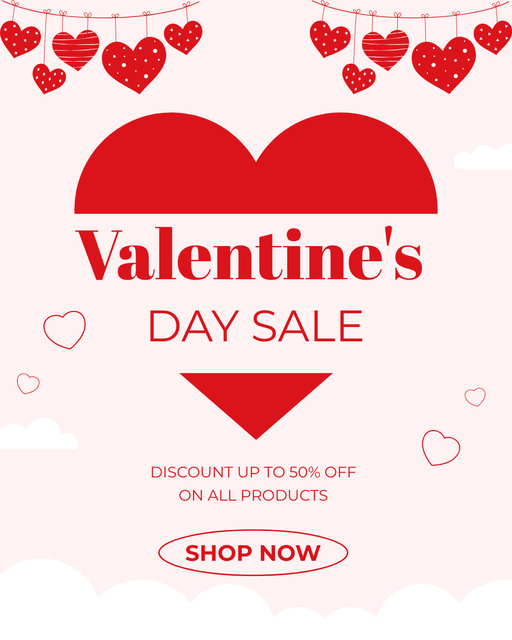 Valentine's Day Sale Offer On All Products With Hearts Instagram Post Vertical Modelo de Design