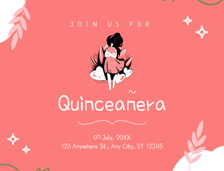 Designvorlage Exquisite Quinceañera Celebration Announcement In Summer With Illustration für Postcard 4.2x5.5in