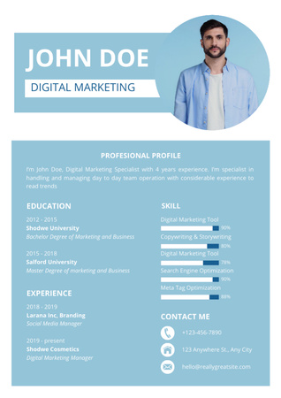 Digital Marketing Skills and Experience with a Man on Blue Resume Design Template
