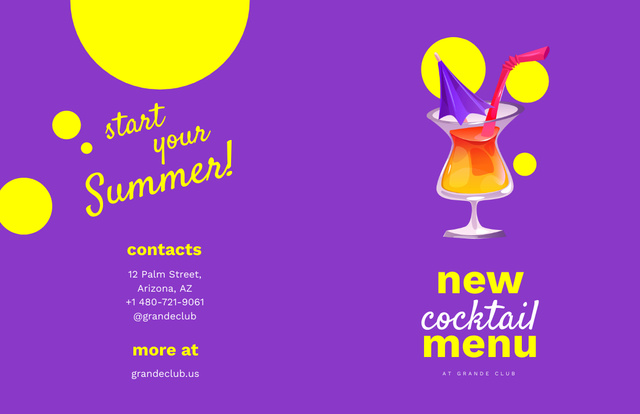 New Cocktail Menu Ad with Beverage in Glass Brochure 11x17in Bi-fold Design Template