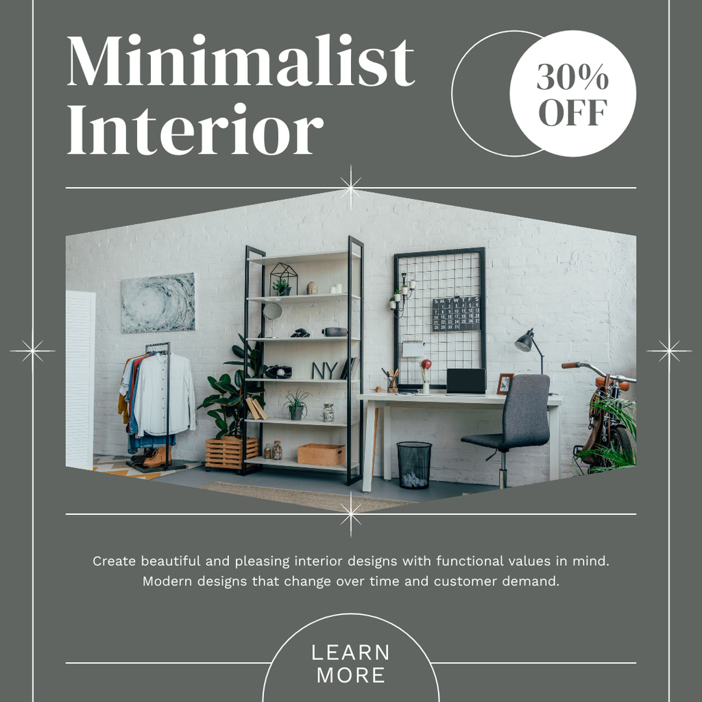 Minimalist Interior Design Discount Offer Grey Instagram ADデザインテンプレート