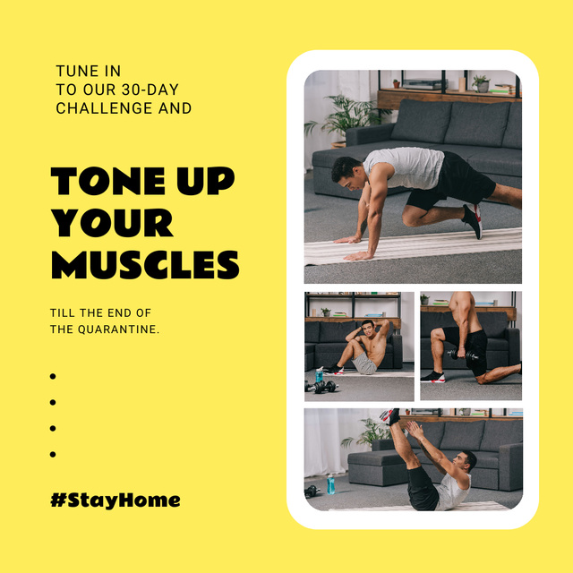 Platilla de diseño #StayHome challenge with Man exercising Instagram