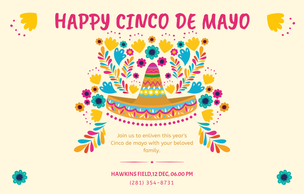 Template di design Cinco De Mayo Greeting With Bright Sombrero Invitation 4.6x7.2in Horizontal