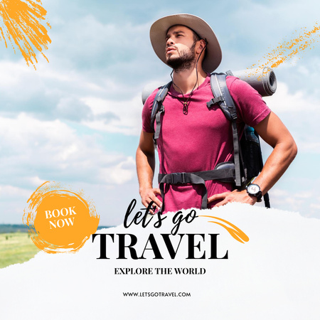 Hiking Tour Offer with Man with Backpack Instagram AD Tasarım Şablonu