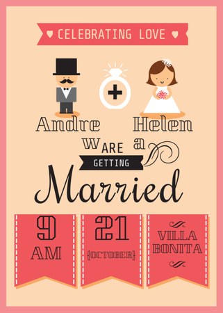 Wedding Announcement with Groom and Bride on Pink Invitation Design Template
