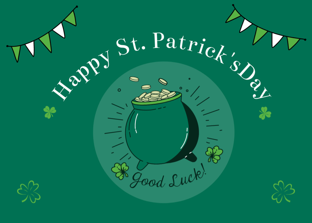 Wishing Lucky St. Patrick's Day With Pot of Gold In Green Postcard 5x7in Tasarım Şablonu