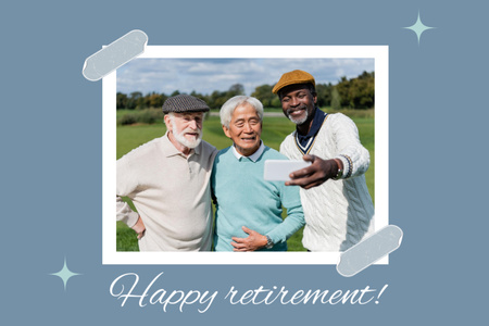 Ontwerpsjabloon van Postcard 4x6in van Lachende senior vrienden die selfie nemen met pensioengroet