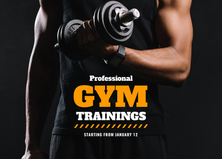 Platilla de diseño Gym Advertisement with Muscular Man Lifting Dumbbell Flyer 5x7in Horizontal