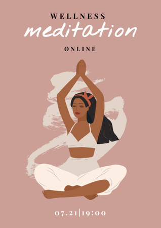 Online Meditation Announcement with Woman in Lotus Pose Poster A3デザインテンプレート