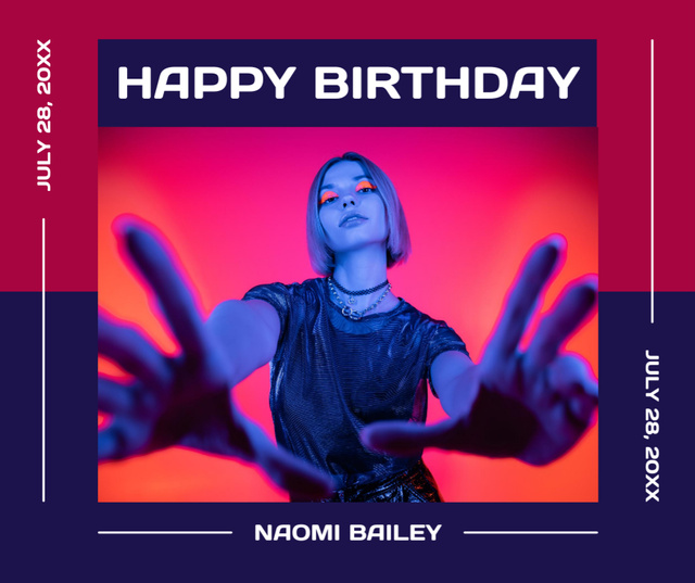 Ontwerpsjabloon van Facebook van Happy Birthday of Woman in Neon Lighting