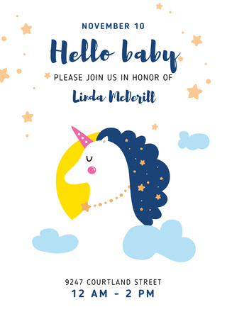Baby Shower With Magical Unicorn Postcard A6 Vertical Design Template