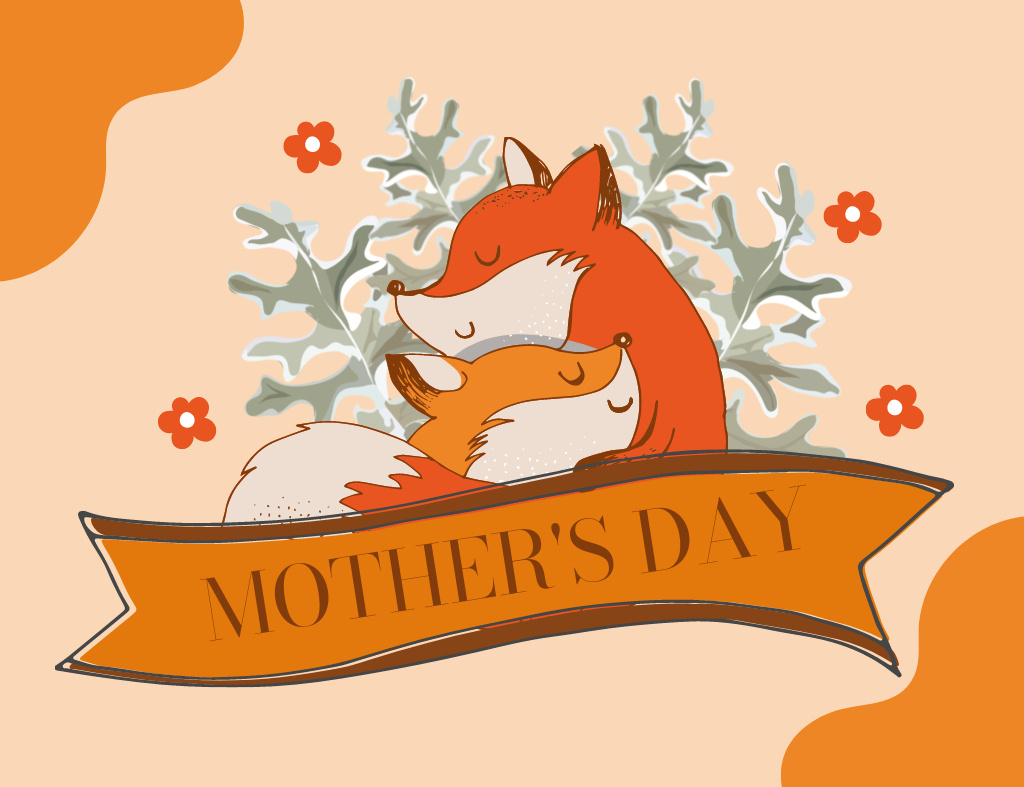 Mother's Day Holiday Greeting with Family of Foxes Thank You Card 5.5x4in Horizontalデザインテンプレート