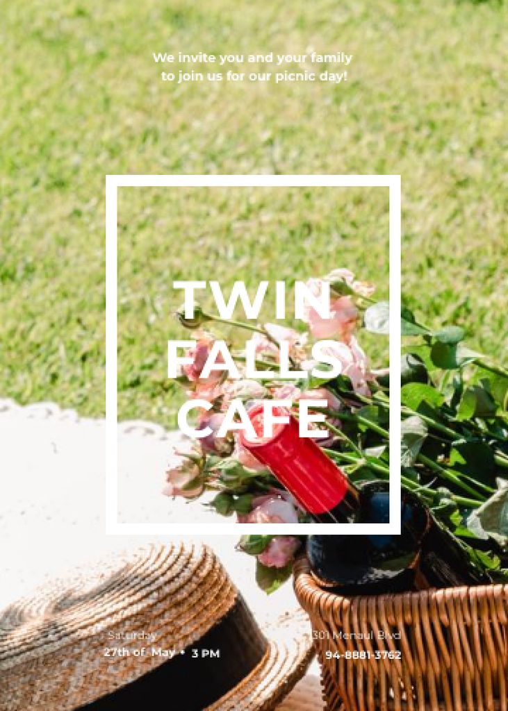 Plantilla de diseño de Cafe Offer with Picnic Basket on Lawn Invitation 