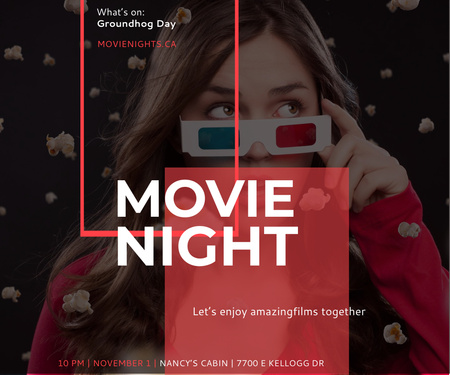 Movie Night Event with Woman in 3d Glasses Large Rectangle Design Template