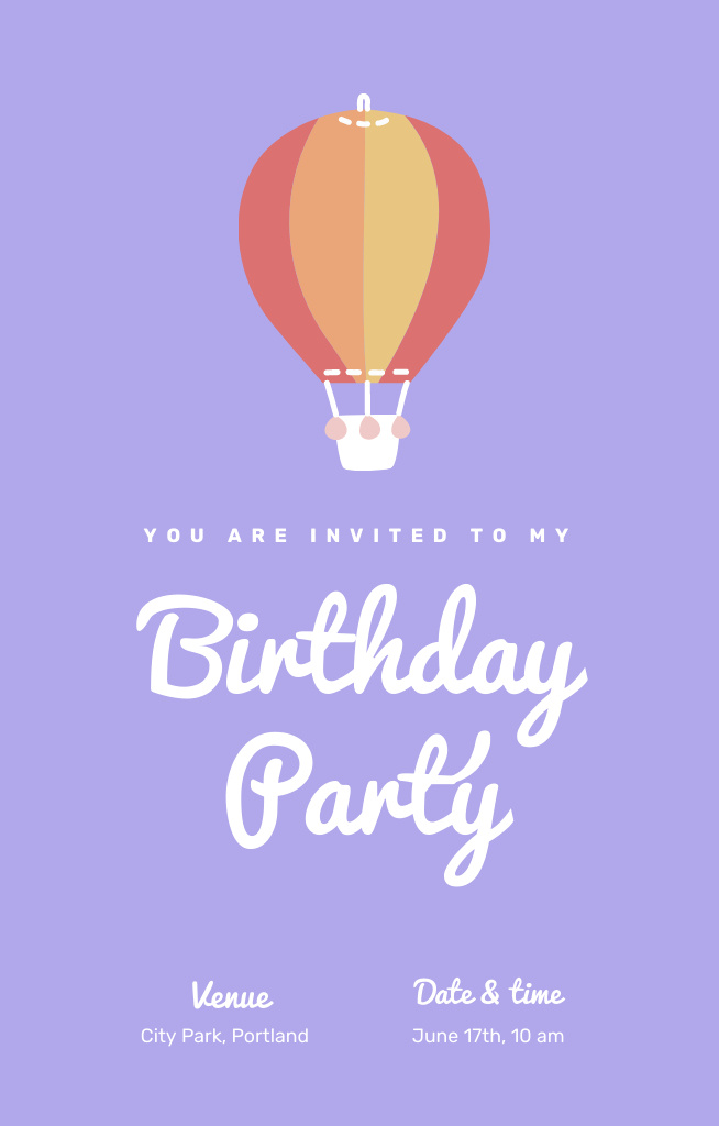 Birthday Party Announcement With Hot Air Balloon on Blue Invitation 4.6x7.2in Šablona návrhu