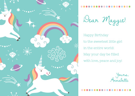 Happy Birthday Greeting with Magical Unicorns Postcard 5x7in Design Template