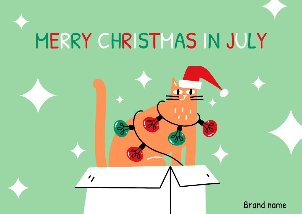 Plantilla de diseño de Merry Christmas in July Greeting with Cute Cat in Box Card 