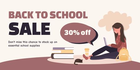 School Supplies Sale with Schoolgirl and Laptop Twitter Design Template