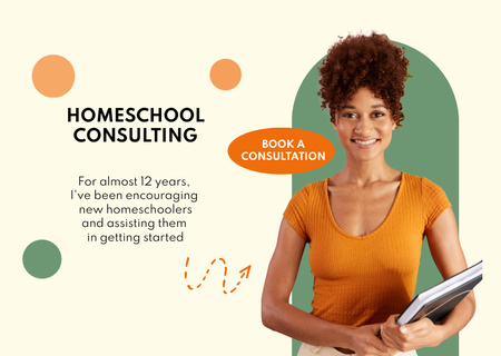 Plantilla de diseño de anuncio de escuela en casa con atractiva profesora afroamericana Flyer A6 Horizontal 