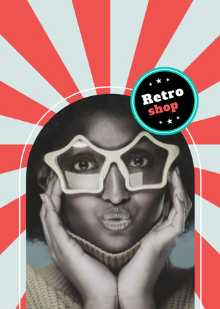 Designvorlage Retro-Shop-Angebot mit attraktiver junger afroamerikanischer Frau für Postcard 5x7in Vertical