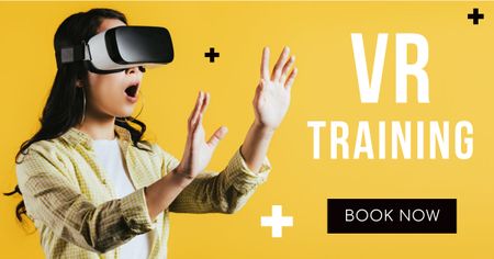 Young Woman Using VR Glasses for Training Facebook AD Design Template