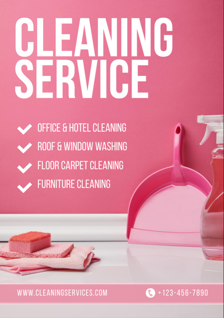 Cleaning Service Advertisement with Pink Equipment Flyer A7 Design Template