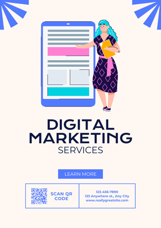 Cartoon Woman Offering Digital Marketing Services Posterデザインテンプレート