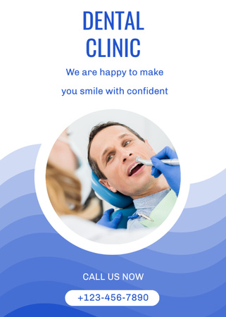 Ontwerpsjabloon van Flayer van Tandheelkundige diensten met man in tandartsstoel