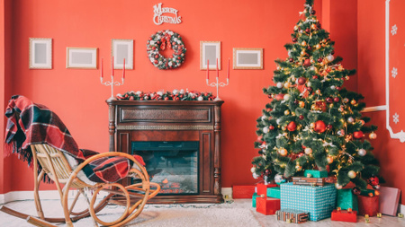Plantilla de diseño de Interior navideño con chimenea y ambiente. Zoom Background 